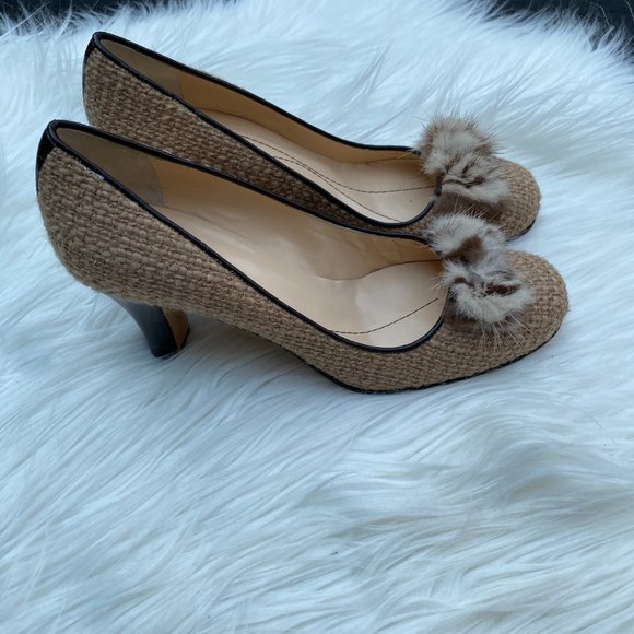 Kate Spade Tweed Fur Pump Heels Tan Khaki - Picture 2 of 8